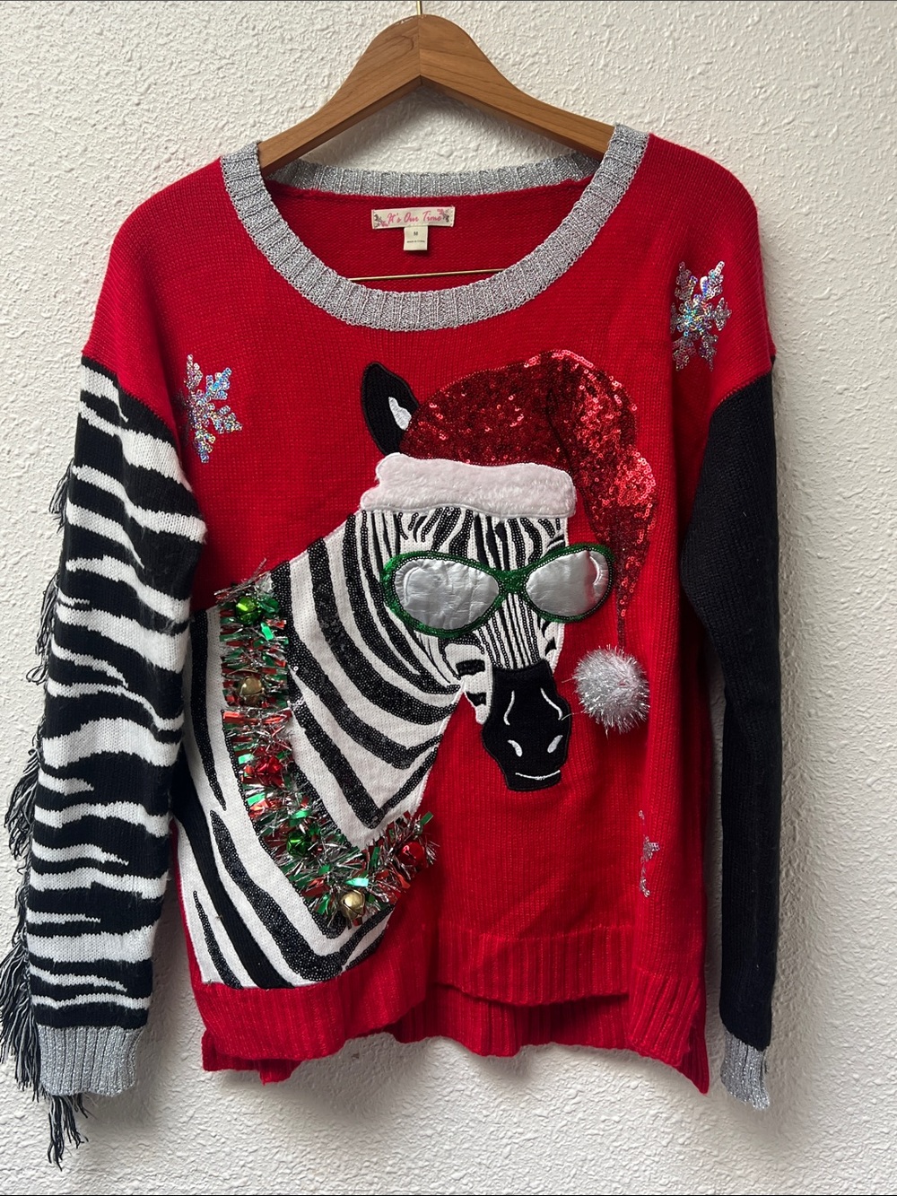 It's Our Time Red Zebra Crewneck Sweater with Sequins